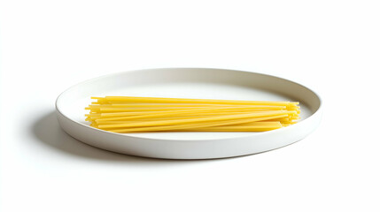 Uncooked spaghetti pasta placed neatly on a white plate. The dry yellow noodles are arranged in a pile, ready to be cooked, displayed on a clean white background.