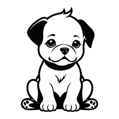 A sleek black and white vector illustration of a tiny sad baby dog, its small body shivering on a white background, perfect for PNG designs