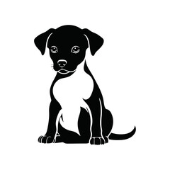 Fototapeta premium A black and white vector silhouette of a sad baby dog sitting with its paws curled inward, feeling lonely on a white background
