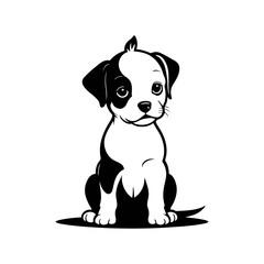A black and white vector silhouette of a baby dog crying softly, with tiny tears on a white background, designed for PNG use