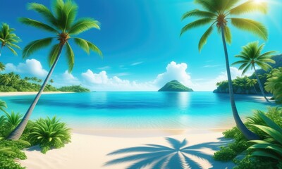 Obraz premium Tropical paradise beach with lush palms and clear blue ocean