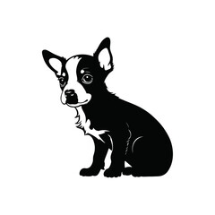 A sleek black and white vector illustration of a sad baby dog with a curled tail, expressing emotion on a white background