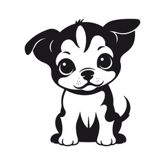 A black and white vector illustration of a baby dog with a sad face, sitting alone on a white background