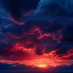 Fototapeta premium Dramatic dusk sky with fiery red and orange tones blending into deep blues, powerful and atmospheric, photorealistic and dynamic, ultra-HD