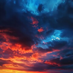 Dramatic dusk sky with fiery red and orange tones blending into deep blues, powerful and atmospheric, photorealistic and dynamic, ultra-HD