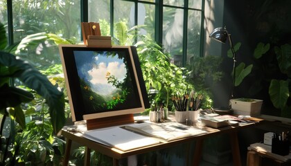 Creative painting workspace with lush greenery home studio digital art cozy environment inspirational viewpoint
