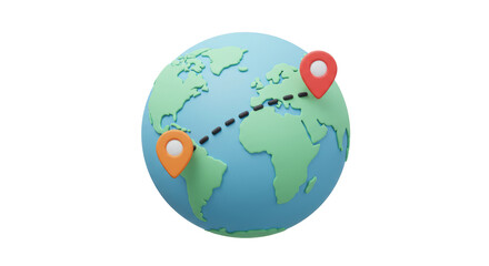 Isolated Earth Globe with Travel Route and Location Pins
