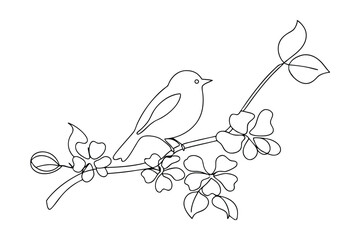 Simple Line Drawing of Bird on Blooming Branch
