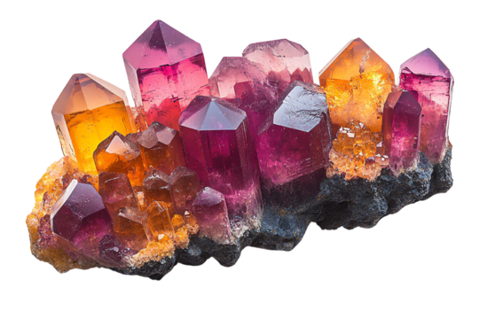 Vibrant multi-colored crystals with sharp edges, resting on a dark base, showcasing natural beauty and intricate formations.