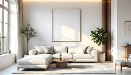 Naklejka premium Transform Your Living Room into a Serene Haven: Modern Furniture and Natural Light Focused Design