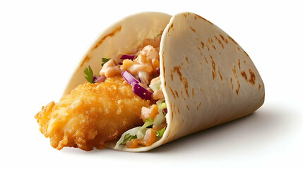 Crispy fried fish fillet in a soft tortilla with shredded cabbage, red onion, and creamy sauce, served on white background, showing a fresh and flavorful meal.