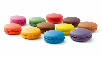 Obraz premium Colorful macarons in various bright colors arranged on a white background. Each cookie is smooth, round, and filled with creamy filling.