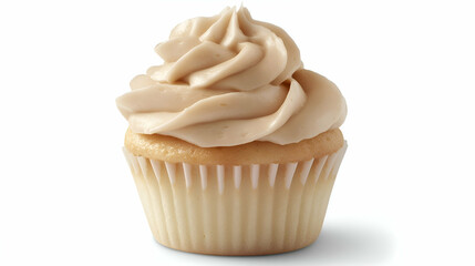 A vanilla cupcake in a white paper liner topped with smooth, creamy vanilla frosting. Presented against a clean white background.