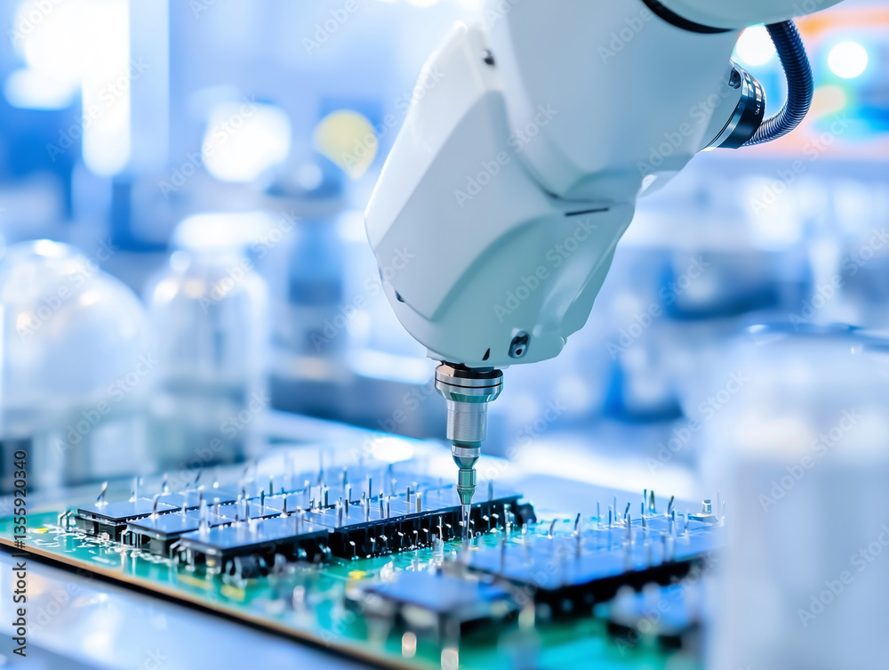 Poster robotic arm assembling electronic circuit board in high tech factory