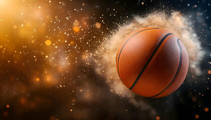 Fototapeta premium Dynamic basketball in motion, showcasing energy and intensity in a vibrant atmosphere filled with colorful bursts of light.