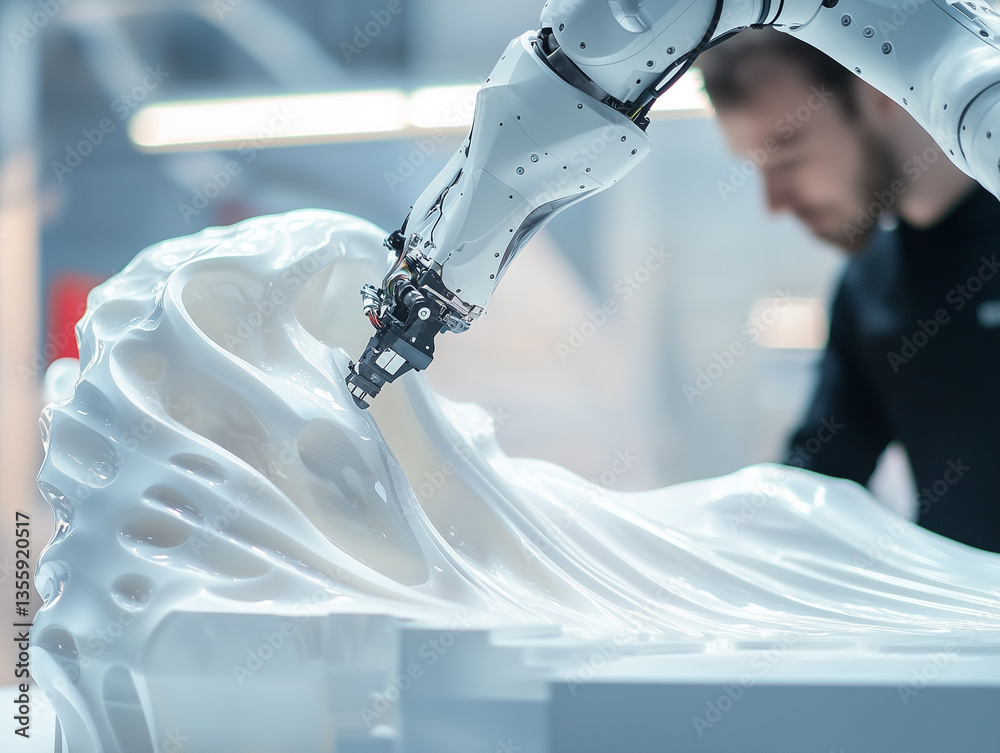 Poster robotic arm intricately sculpts fluid like structure, showcasing advanced technology