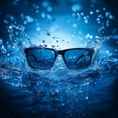 Dynamic background with sunglasses amidst splashing water, vibrant blue tones and energetic motion, fresh and exciting, photorealistic and ultra-HD