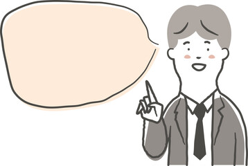 笑顔で指差ししている男性会社員の上半身と吹き出しの鉛筆で描いた手書き風のシンプルなイラスト素材