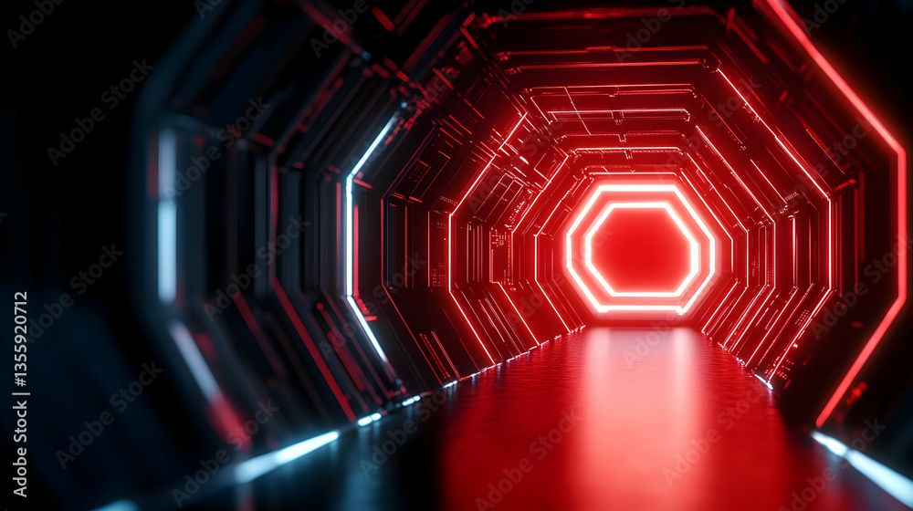 Wall mural futuristic corridor illuminated with red neon lights, creating a sleek and modern atmosphere for inn