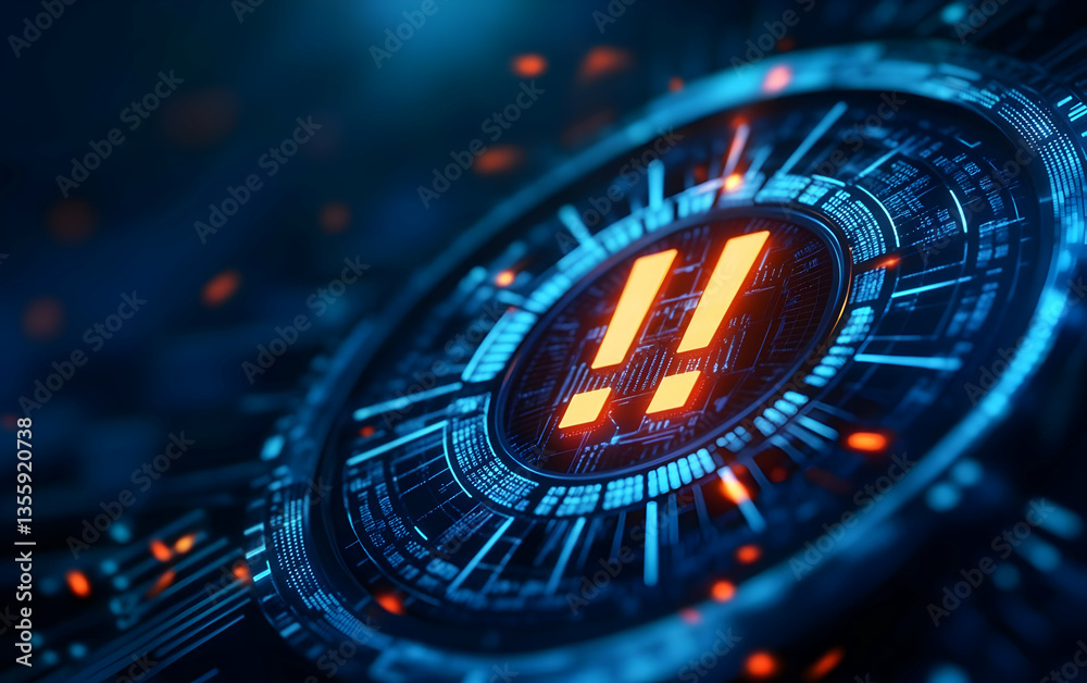 Poster futuristic digital interface featuring warning symbols in an abstract design. ideal for tech-related