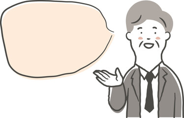 笑顔で案内をしているシニア男性会社員の上半身と吹き出しの鉛筆で描いた手書き風のシンプルなイラスト素材