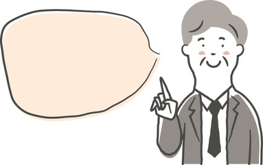 笑顔で指差ししているシニア男性会社員の上半身と吹き出しの鉛筆で描いた手書き風のシンプルなイラスト素材