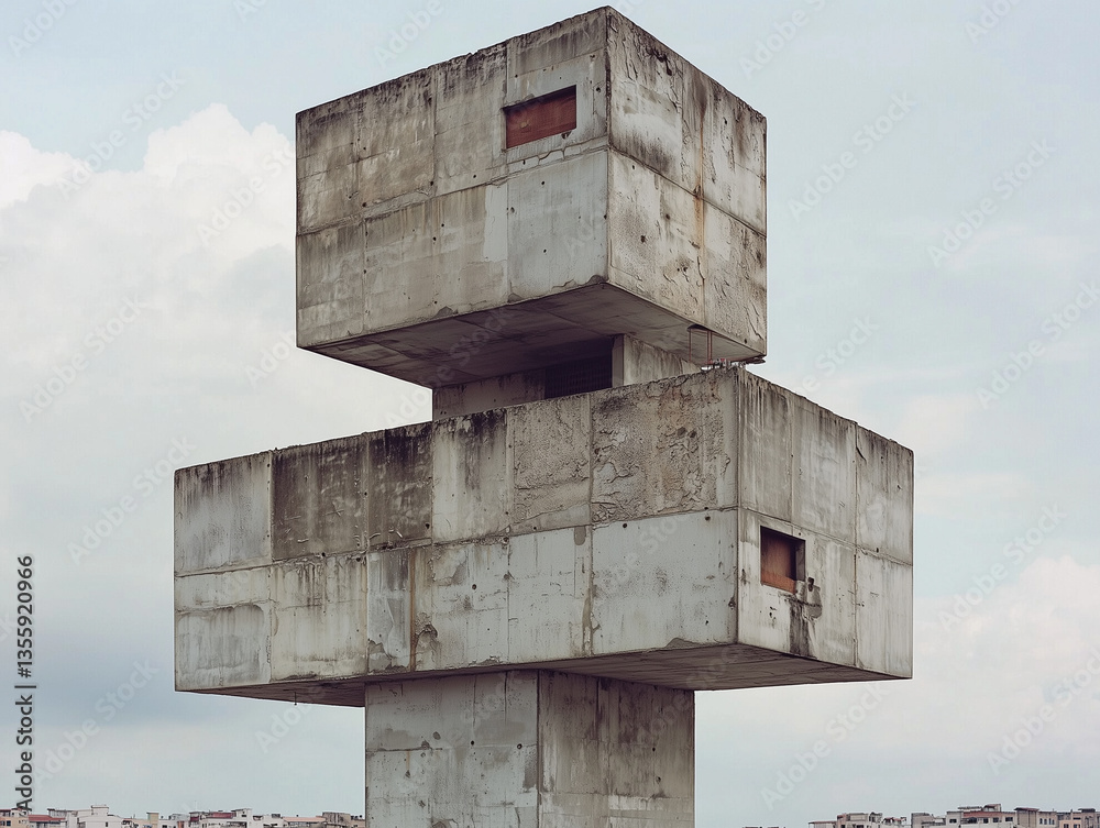 Poster brutalist concrete structure stands against cloudy sky, showcasing geometric design