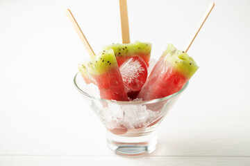 Frozen juice. Ice cream popsicles. Summer sweets and desserts. Vegan food. Top view