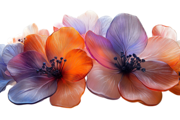 Vibrant, multi-colored flowers showcasing delicate petals and intricate details on a white isolated background.