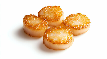 Seared scallops with golden crust. Juicy seafood cooked to perfection with a caramelized exterior and soft, tender inside, served on a clean white background.