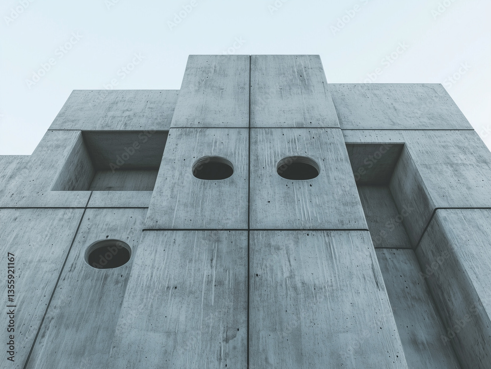 Poster low camera angle captures minimalist concrete facade with circular windows, evoking modern architect