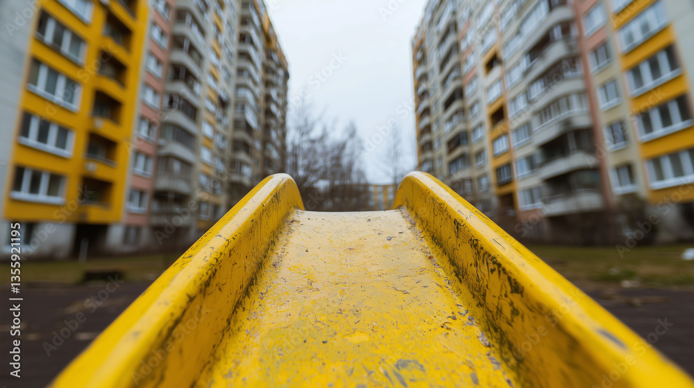 Poster low angle view of yellow slide with apartment buildings in background