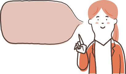 笑顔で指差ししている女性会社員の上半身と吹き出しの鉛筆で描いた手書き風のシンプルなイラスト素材