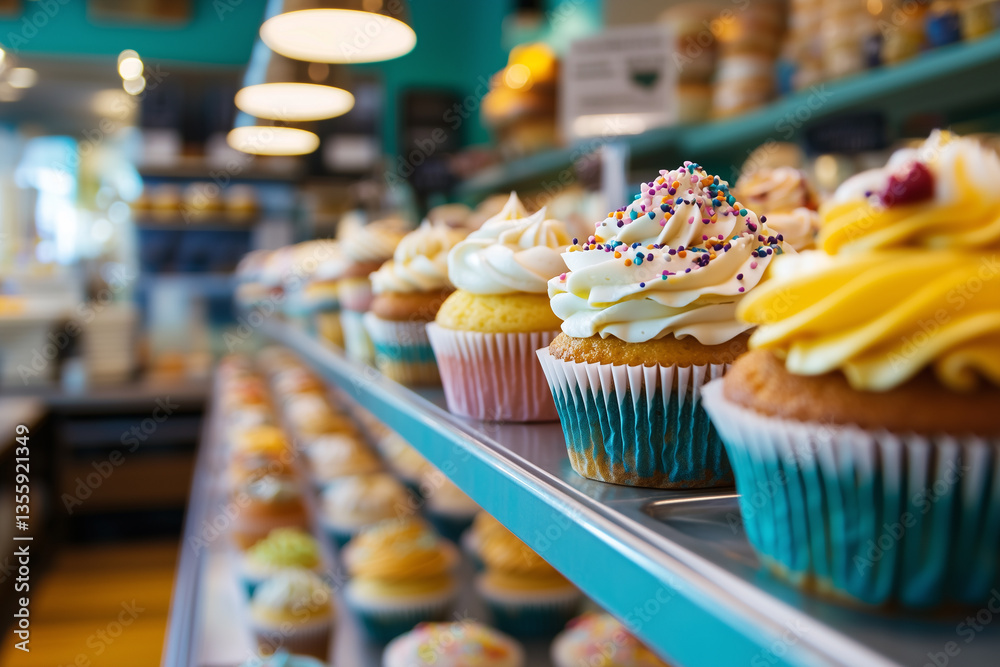 Poster whimsical display of colorful cupcakes with sprinkles in vibrant bakery setting