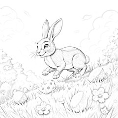 Obraz premium Happy Rabbit in Grassy Field with Flowers and Eggs Black and White Coloring Page