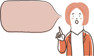 笑顔で指差ししている女性会社員の上半身と吹き出しの鉛筆で描いた手書き風のシンプルなイラスト素材