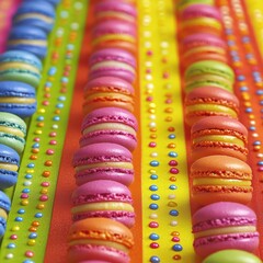 Colorful Macarons on Vibrant Striped Background with Candy Details