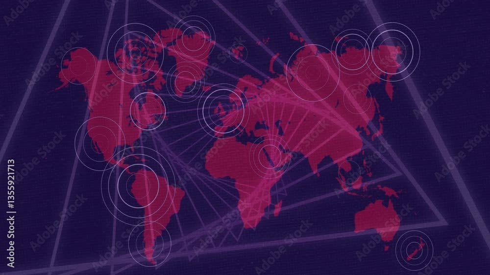 Poster red world map with circular data points and network lines in animation style
