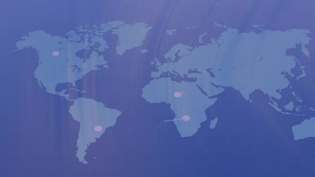 Animation of world map with highlighted points, connecting lines on blue background