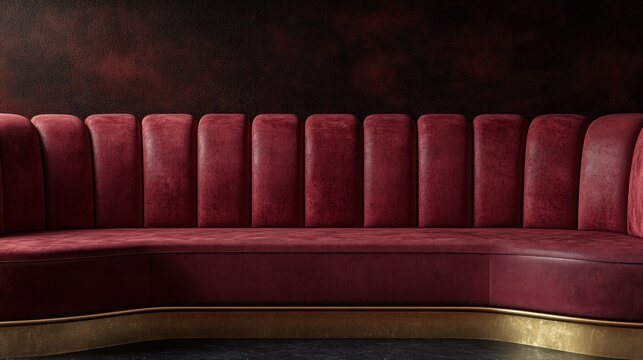 Curved burgundy velvet banquette with gold base against a dark wall