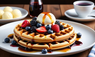 Delicious waffles with fresh berries and ice cream drizzled with maple syrup