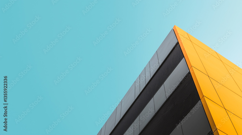 Poster vibrant colored minimal building with sharp lines against clear blue sky