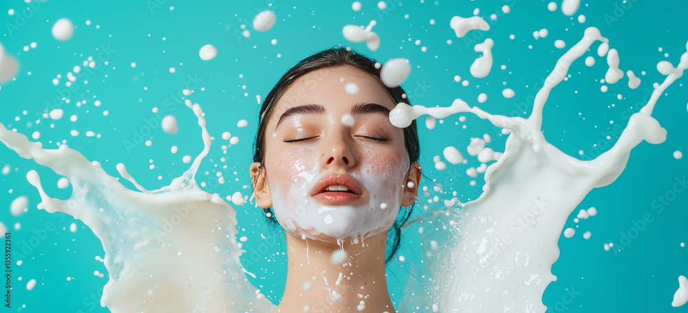 Poster woman with closed eyes is splashed with milk against turquoise background, creating dynamic and refreshing scene