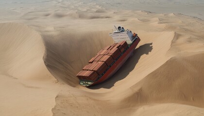 Ship stranded in desert sand dunes coastal area aerial view environmental challenge