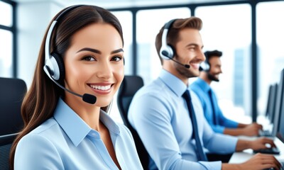 Smiling customer support team with headsets in modern office setting