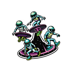 Three extraterrestrial beings showcasing impressive skateboarding and hoverboarding skills in a futuristic urban setting.