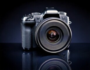A close-up of a mirrorless camera with a 50mm lens, detailed textures and reflections. - Generated image