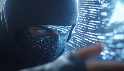 Stealthy hacker in action urban setting digital art tech environment close-up view cybersecurity concept