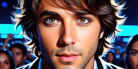 Obraz premium Dynamic portrait of a young man with intense gaze and vibrant background lighting