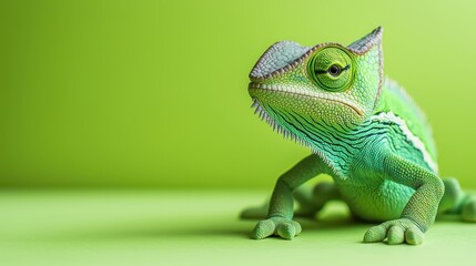 Vivid Green Chameleon on Bright Green Background Captured in Detail